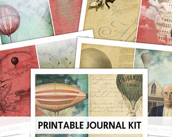 Junk Journal afdrukbaar - Steampunk Journal Kit - hete luchtballon - Dirigibles - 5x7 Papers - afdrukbaar dagboek - collageblad - dagboekkit