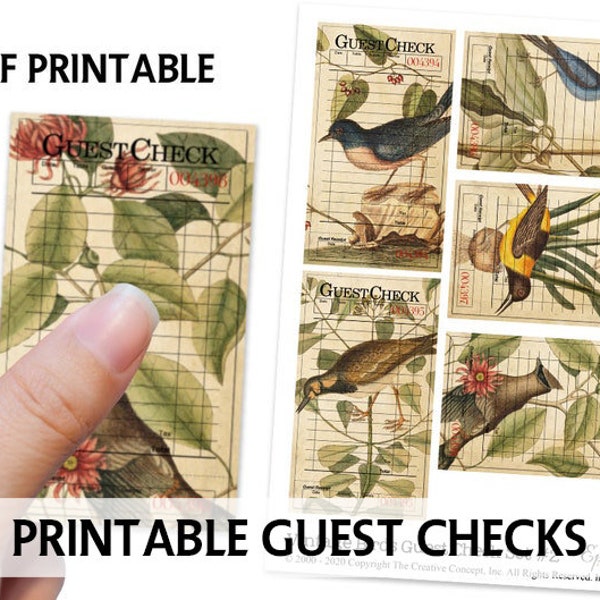 Junk Journal Printable - BIRDS - Guest Check - Bird Journal Card - Cardmaking Digital Scrapbook - Digital Printable Birds Guest Checks