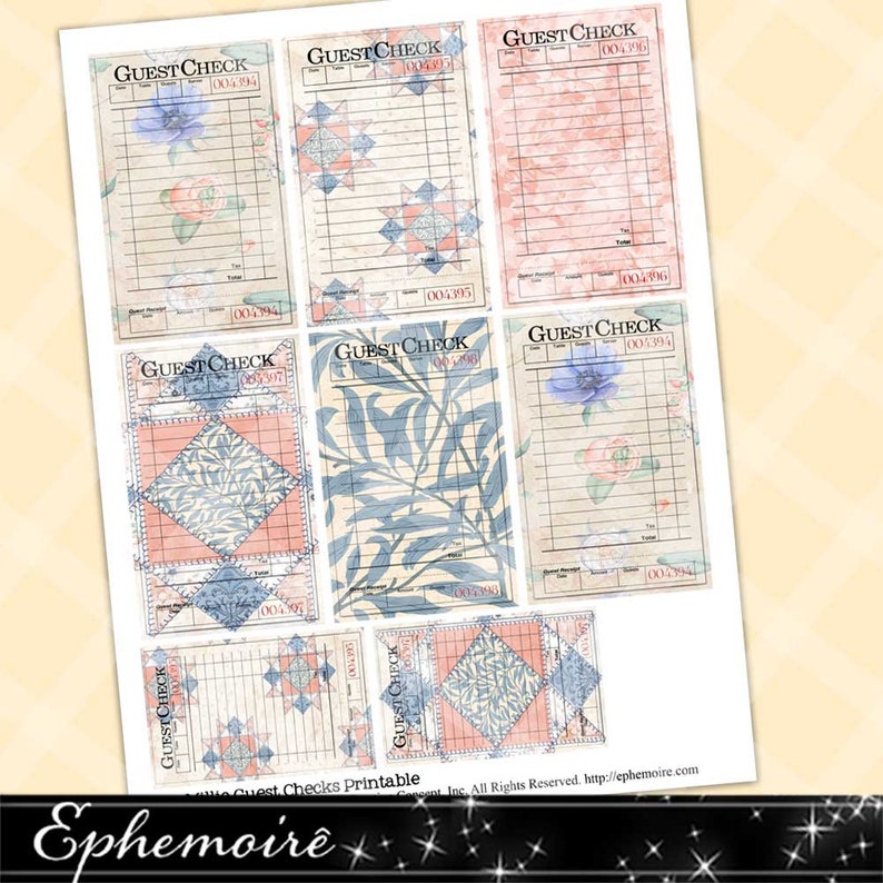 Junk Journal Quilt Blocks PDF Printable Guest CHECKS Shabby Chic MILLIE Guest Check Print Guest Check Journal Card Printable