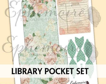 Junk Journal - Journal Printable - SHABBY FLORAL Library Pocket - Digital Printable Library Pocket - Journal Accessory - Library Card Pocket