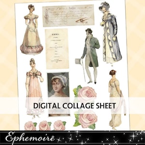 Diario basura imprimible, JANE AUSTEN, Corte quisquilloso, Álbum de recortes digital, Creación de tarjetas, Imágenes prediseñadas de Regency, Efímera de Jane Austen, Imágenes prediseñadas digitales