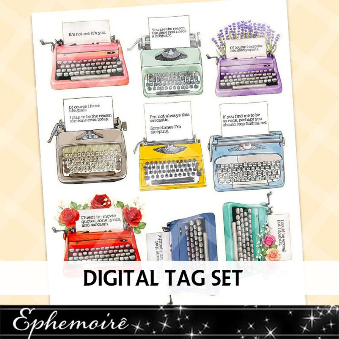 Printable SNARKY QUOTES Clipart Vintage Typewriter TAGS | Etsy UK