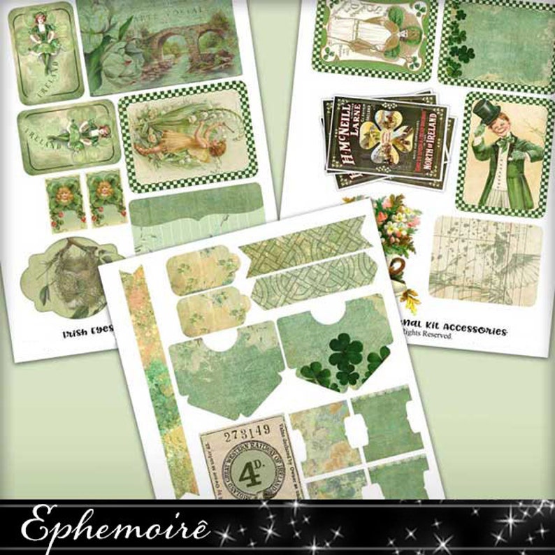 Junk Journal Kit Shamrocks St Patricks Digital Scrapbook Cardmaking Papers Shamrock Digital Papers Irish Collage Papers image 7