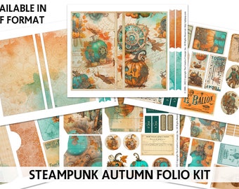Steampunk AUTUMN Folio Kit - Junk Journal Printable - Digital Scrapbook - Printable Mini Book - Steampunk Flip Tag Folio - Mini Booklet