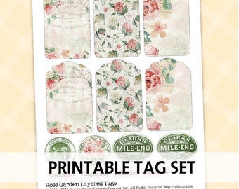 Junk Journal Printable - Digital Printable Tags - Journal Card Printable - Pink Floral Tags - Collage Sheet - Digital Scrapbooking Tags