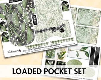 Loaded Journal Pockets - LILY of THE VALLEY - Black and Green Floral Printable - Printable Accessory - Embellishments - Journal Insert