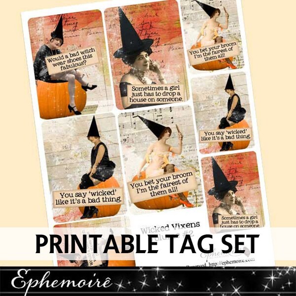 Junk Journal Printable - Witch Journal Cards - ATC - Vintage Witch - Cardmaking - Digital Scrapbook - Printable Vintage Witches Tags