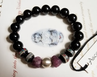 Men/'s Black Tourmaline Tibetan Beads  Genuine Untreated ~ Fair Trade ~  Boho Chic ~ Tribal ~ Therapeutic Quality Gemstone Bracelet  10mm
