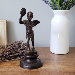 Vintage Bronze Statue ~ Bronze Cherub Statue holding Tambourine