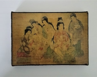 Antique Japanese Mini Ink Print Lithograph on Canvas Late 1800s Domestic Scene By Wei-ch'ih l-seng