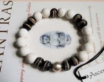 Men&#39;s White Turquoise Bracelet ~ Vintage Tibetan Inlaid Stones ~ Sterling Genuine Untreated Therapeutic Quality Gemstone Bracelet 10mm