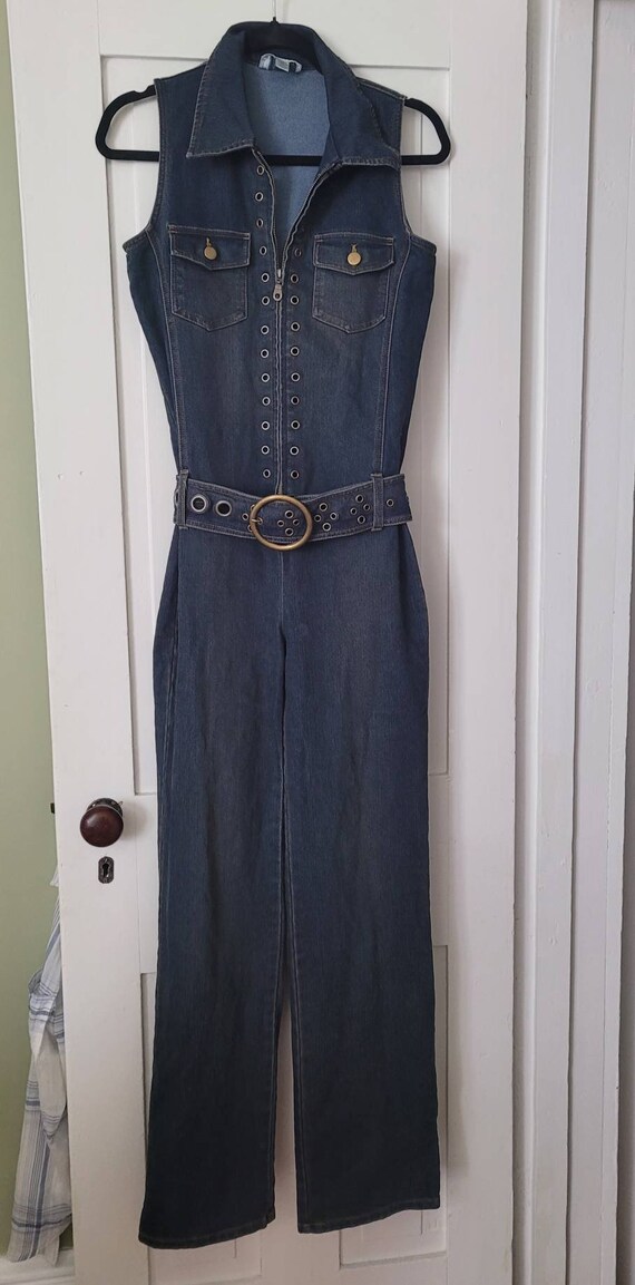 Vintage Y2K Denim Stretch Jumpsuit Boot Cut Brass H… Gem