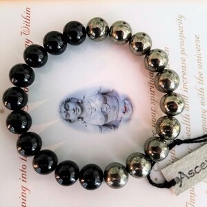 Men&#39;s Pyrite ~ Black Tourmaline Bracelet ~ Genuine Untreated Therapeutic Quality Gemstone Energy Bracelet for Healing  8mm