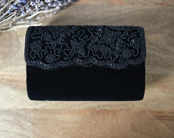 Vintage Black Velvet Evening Bag ~ Embroidered Beaded Velvet shoulder Bag