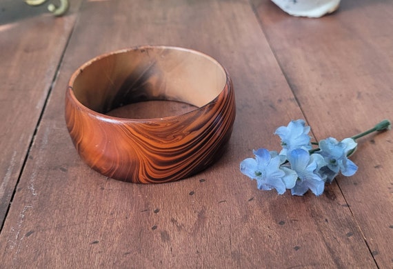 Vintage Wood Wide Bangle Bracelet ~ Hand Painted … - image 1