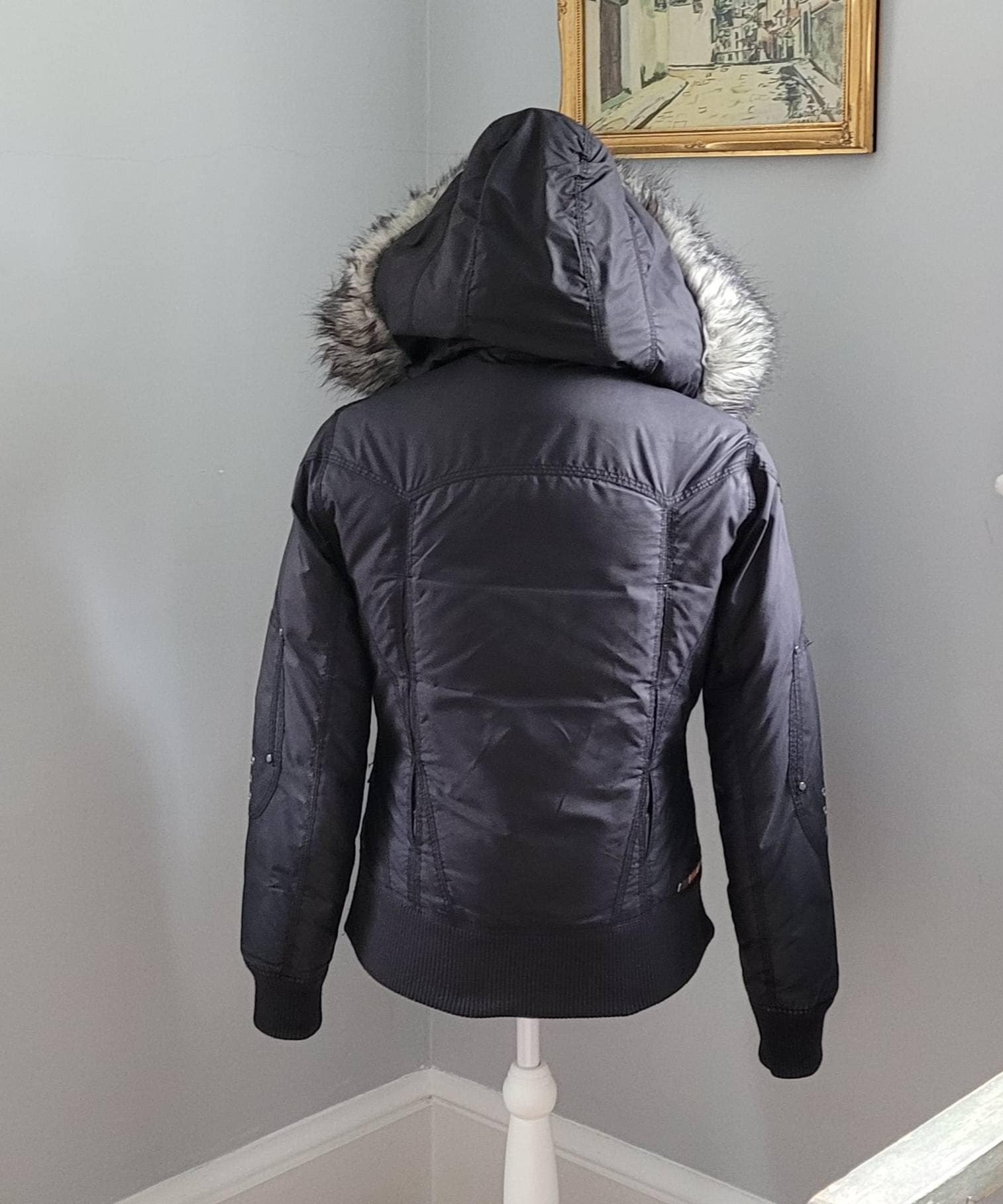 Vintage Y2K Black Down Bomber Jacket ~ 2000s Oversized Faux Vintage Y2K Black Down Bomber Jacket ~ 2000s Oversized Faux