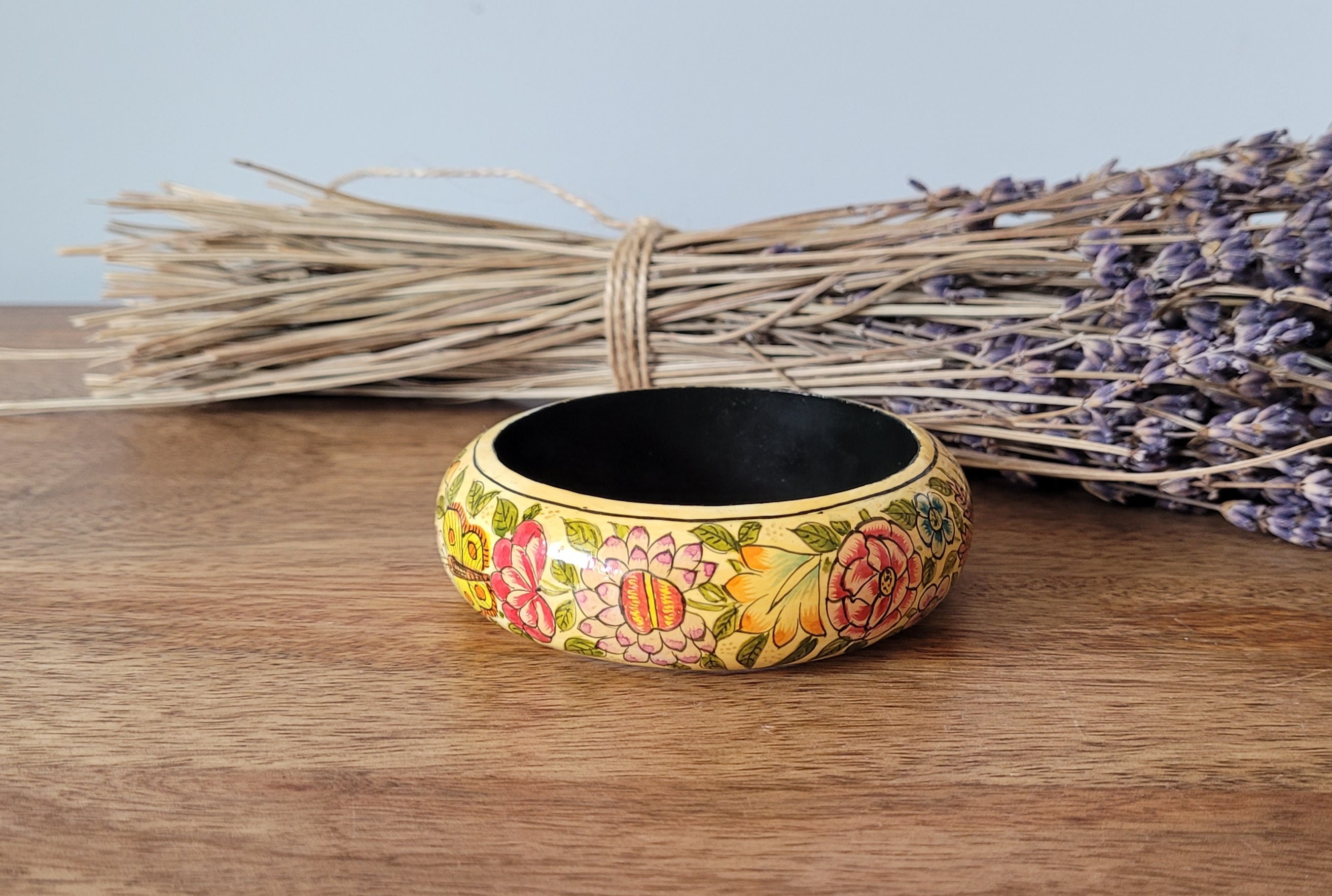 Vintage Floral Wood Bangle Hand Painted Wide Wood Bangle Made in 