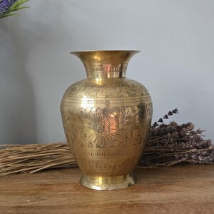 Vintage Vase ~ Solid Brass Etched Floral Vase ~ Golden Vase ~ Made in India
