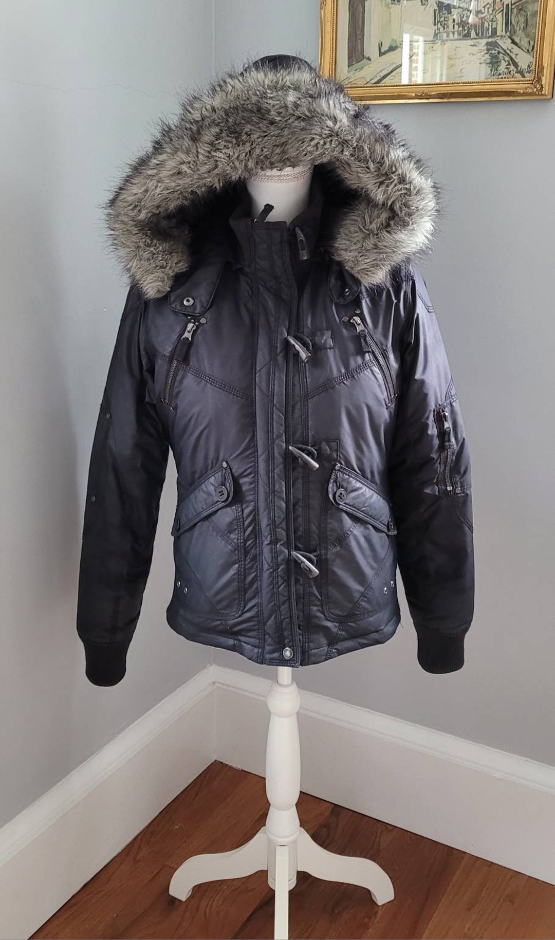 Vintage Y2K Black Down Bomber Jacket ~ 2000s Oversized Faux Vintage Y2K Black Down Bomber Jacket ~ 2000s Oversized Faux