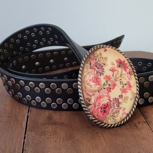 Vintage Leather Grommet Belt Flower Power Design Belt Buckle Brass and Silver Grommets Interchangeable  Buckle With Snap