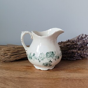 Antique  Victorian Milk Pitcher ~ J & E Mayer Stone Ware ~ Hand Painted Green Floral Pattern Pitcher