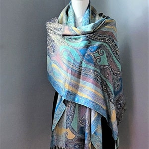 Vintage Colorful Fringed Scarf Reversible Shawl Scarf or Wrap Paisley Design Made in India 2000s