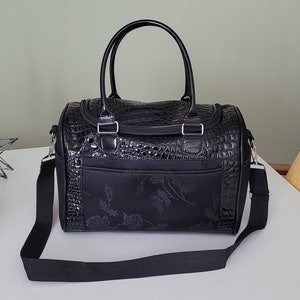 Vintage Faux Lancôme Overnight Bag ~ Faux Black Crocodile Patent Leather Travel Bag ~ Satin Embossed Fabric Rose Pattern 1980s