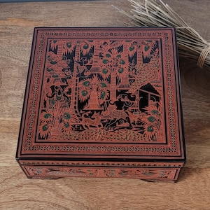 Vintage Burmese Lacquered Wood Box ~ Hand Painted Footed Lacquer Box
