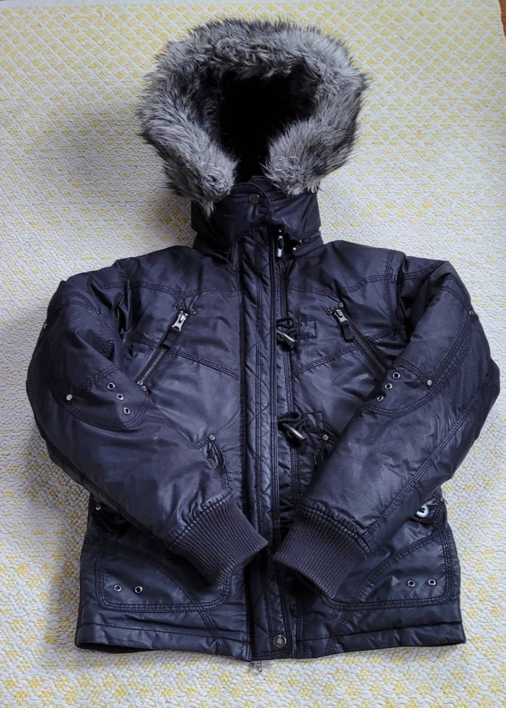 Vintage Y2K Black Down Bomber Jacket ~ 2000s Oversized Faux Vintage Y2K Black Down Bomber Jacket ~ 2000s Oversized Faux