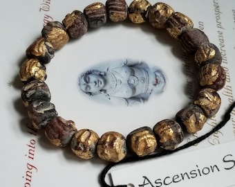 Men's Antique Organic Tibetan Buddha Bracelet  24k Gold Leaf Hand Made Clay Bead Bracelet 10mm