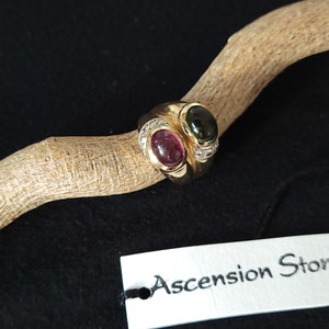 Vintage Rubellite Tourmaline and Green Tourmaline Ring ~ 14k Cabochon and Diamond Statement Ring