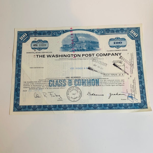 Vintage Washington Post Company Stock Certificate