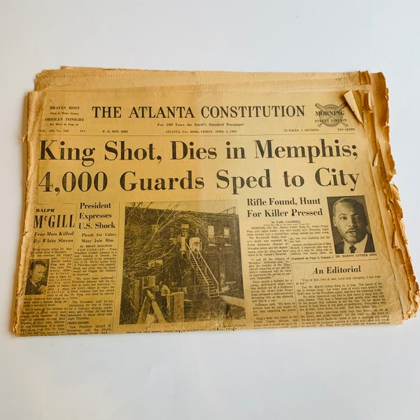 Vintage Newspaper, The Atlanta Constitution, Martin Luther King Shot Headline, April 5, 1968