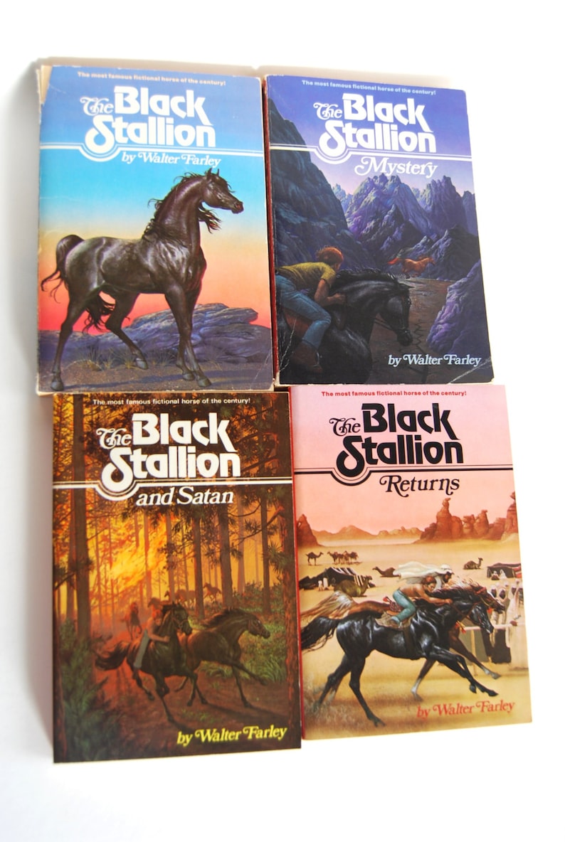 May include: Four paperback books with colorful covers featuring illustrations of black horses. The books are titled "The Black Stallion", "The Black Stallion Mystery", "The Black Stallion and Satan", and "The Black Stallion Returns". All books are by Walter Farley.