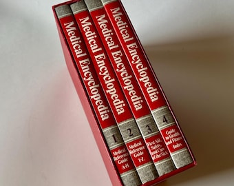 May include: A four-volume set of Medical Encyclopedia books housed in a red slipcase. Each red spine features white text reading Medical Encyclopedia, volume numbers 1 through 4, and specific reference guide topics including A-H, I-Z, and First Aid.