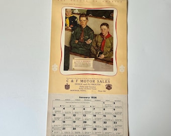 May include: A vintage 1954 Boy Scouts of America wall calendar featuring a Norman Rockwell illustration of three scouts in uniform. The calendar includes promotional text for C & F Motor Sales in Montrose, Pennsylvania, and a January 1954 grid.