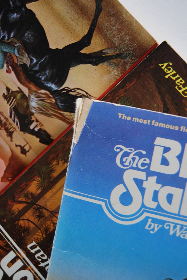 May include: A blue paperback book with the title "The Black Stallion" by Walter Farley. The book cover features a white stylized font and the text "The most famous file" is printed in black.