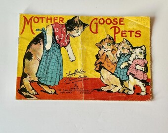 Vintage Cloth Children's Book, Mother Goose Pets, Saalfield Linen Book