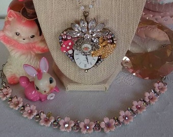Alice in wonderland inspired vintage assemblage necklace