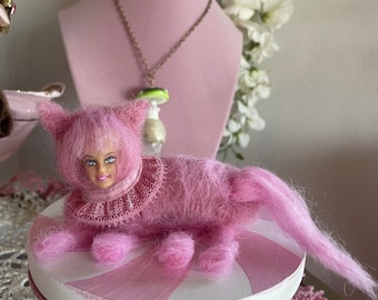 Felted pink Barbie kitty