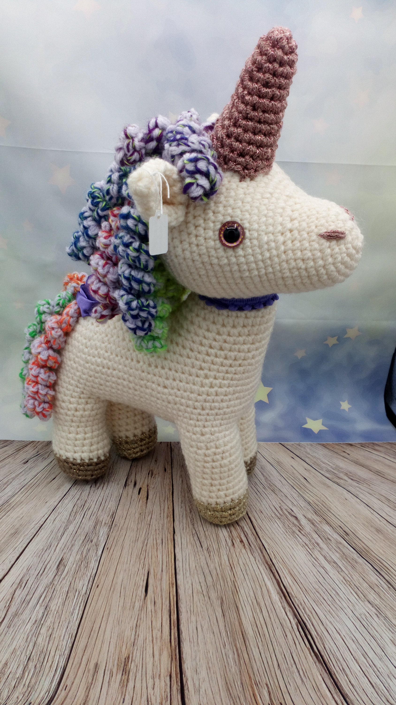 Grande Licorne Arc en Ciel et Beige Au Crochet
