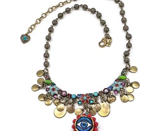 Evil Eye statement Boho necklace set in antique gold with bright multi sparkly crystals and semi precious stones.