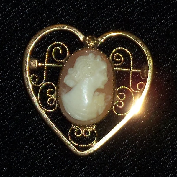 Vintage Catamore Gold Filled Heart Cameo Filligree  Brooch or Pendant