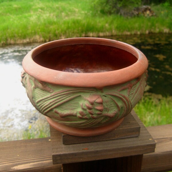 Peters and Reed Art Pottery Bowl, Moss Aztec Jardiniere, Planter, Circa 1910s or 1920s, Arts and Crafts