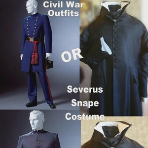 May include: The image showcases two costume options: Civil War outfits and a Severus Snape costume. The Civil War outfit is a blue uniform with gold buttons and a red sash. The Snape costume is a black robe with a white collar.