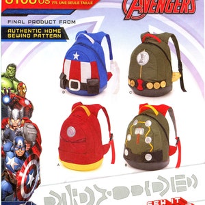 May include: A sewing pattern for making four different Avengers-themed backpacks. The backpacks are red, blue, green, and black with various character details. The pattern is from Authentic Home Sewing Pattern and is labeled 8108 os. The pattern is for one size.