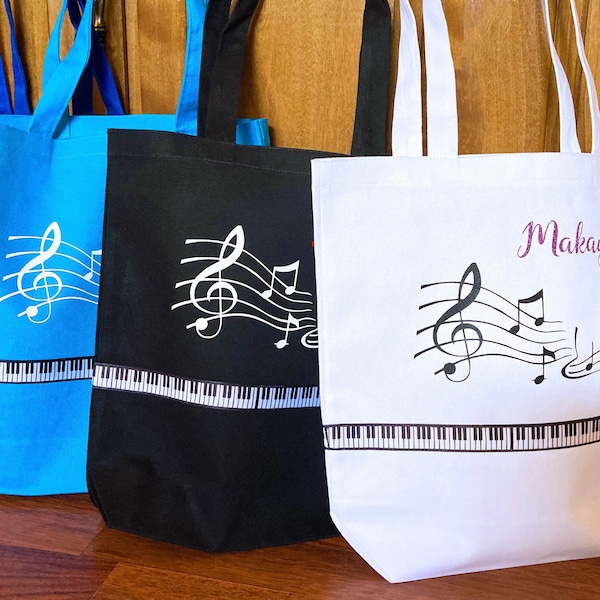 Piano Music Tote Bag w/ custom name, color choices, Lesson bag for Student / Teacher, quality durable canvas, unique Recital Graduation gift