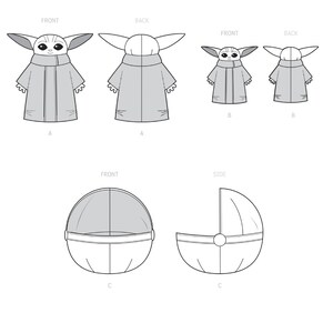 May include: Line drawing illustration of a baby Yoda character wearing a hooded robe in three different views: front, back, and side. The illustration also shows a cradle or bassinet in front and side views. The text "FRONT", "BACK", "SIDE", "A", "B", and "C" are labeled on the illustration.