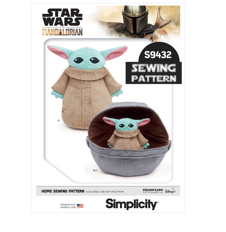 May include: A sewing pattern for a plush Grogu doll and a soft space pram from the Star Wars: The Mandalorian series. The pattern is from Simplicity and includes instructions for making a green and brown Grogu doll and a gray space pram.