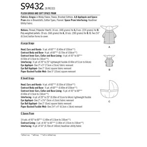 May include: Sewing pattern for a plush Grogu and a space pram. The pattern includes instructions for making a large Grogu, a small Grogu, and a space pram. The pattern is for 28 pieces and includes instructions for making the head, ears, hands, body, base, inner ears, collar, and base lining. The pattern also includes instructions for making the eye appliqu&eacute;s, eye ball appliqu&eacute;s, and paper backed fusible web.